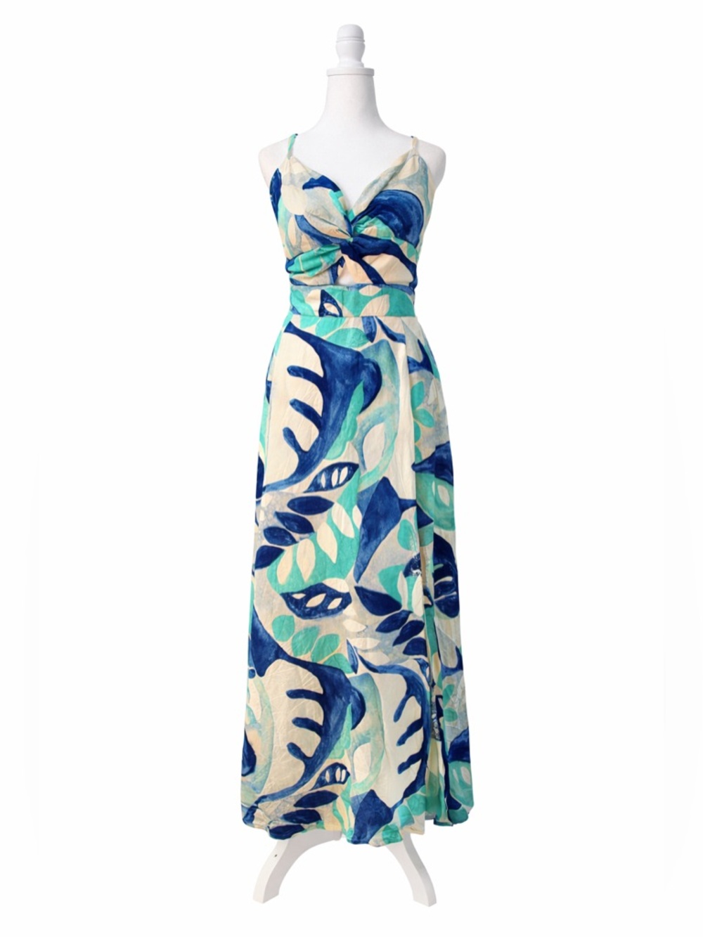 STATE Linen Blend Twist Front Blue Green Midi Dress Size Large